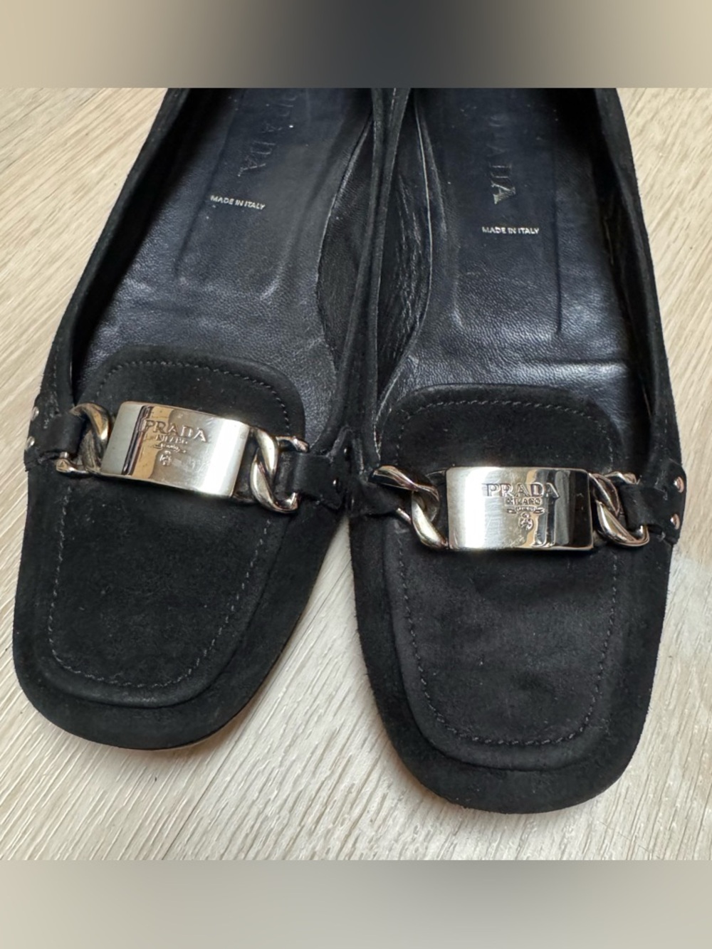 Prada Black Suede Leather Loafer Flats Size 37 US 7 Silver Hardware - Picture 2 of 16